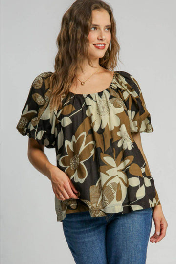 Umgee Full Size Print Round Neck Puff Sleeve Top Plus Size - Hovatok