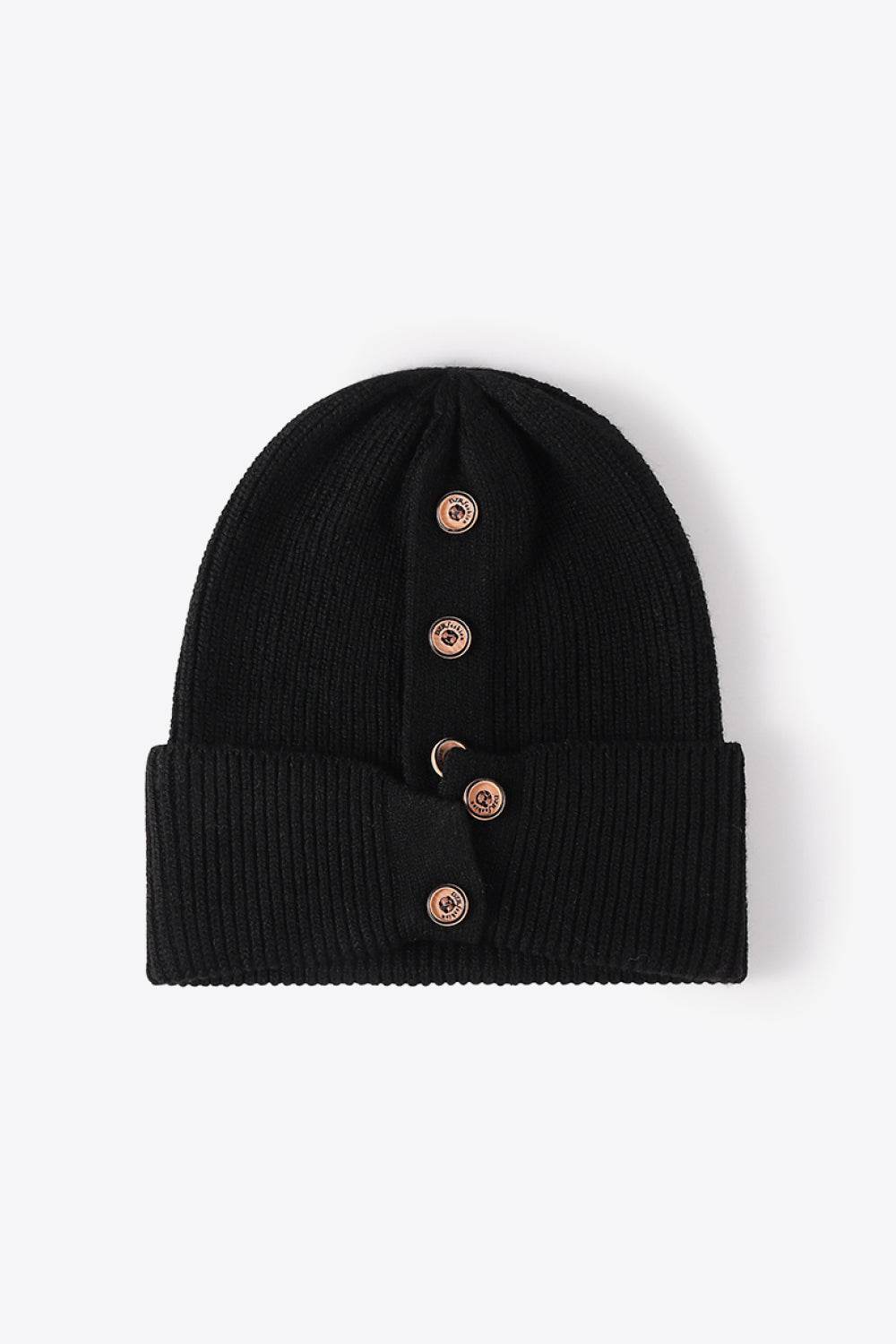 Button Detail Rib-Knit Cuff Beanie - Hovatok