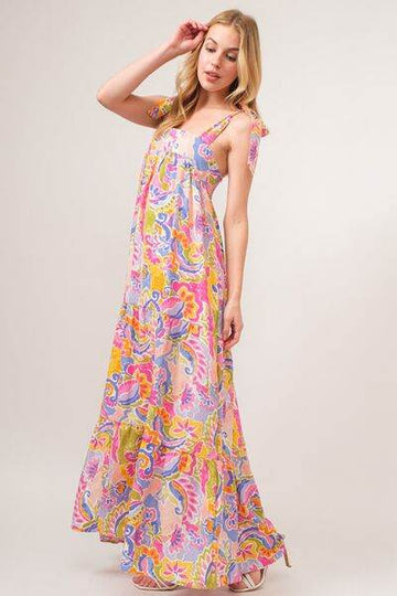 And The Why Full Size Printed Tie Shoulder Tiered Maxi Dress - Hovatok
