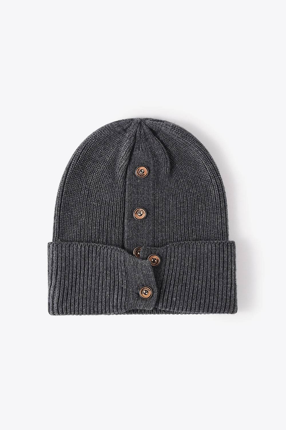 Button Detail Rib-Knit Cuff Beanie - Hovatok