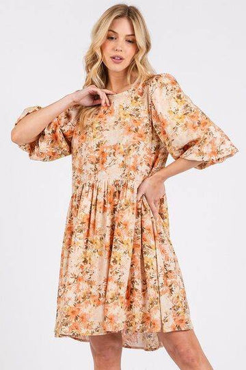 Mittoshop Flower Print Linen Blend Babydoll Mini Dress - Hovatok