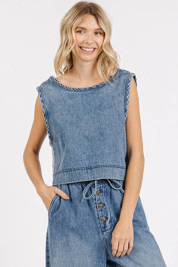 Mittoshop Washed Denim Distressed Detail Crop Tank - Hovatok