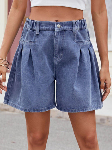 Ruched Half Elastic Waist Denim Shorts - Hovatok