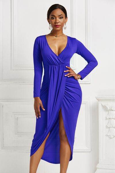 High-low Ruched Surplice Long Sleeve Dress - Hovatok