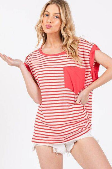 Ces Femme Side Slit Striped Cap Sleeve T-Shirt - Hovatok