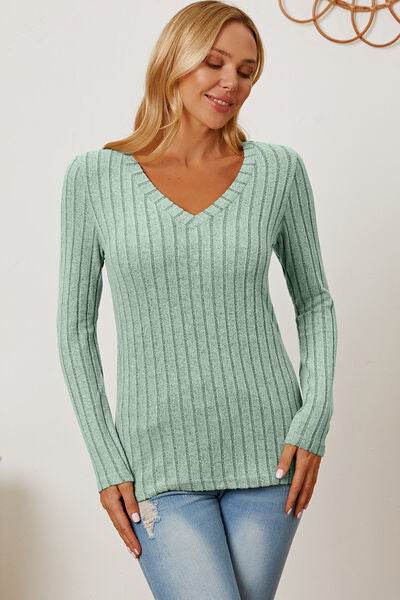 Basic Bae Full Size Ribbed V-Neck Long Sleeve T-Shirt - Hovatok