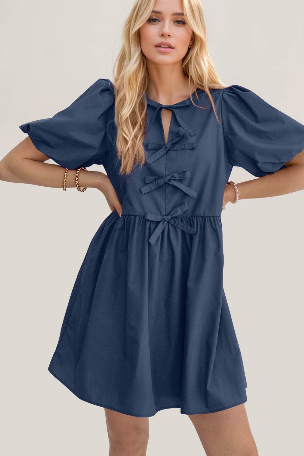 Oh Bow Ruched Puff Sleeve Mini Dress - Hovatok
