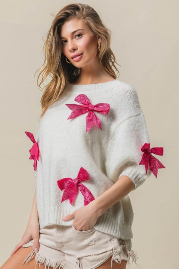 BiBi Sequin Bow Puff Sleeve Sweater - Hovatok