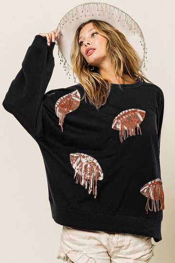 BiBi Sequin Fringe Football Patch Round Neck Sweatshirt - Hovatok