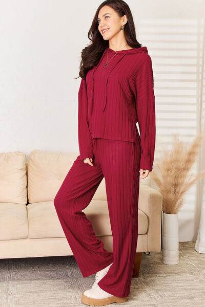 Basic Bae Full Size Ribbed Drawstring Hooded Top and Straight Pants Set - Hovatok