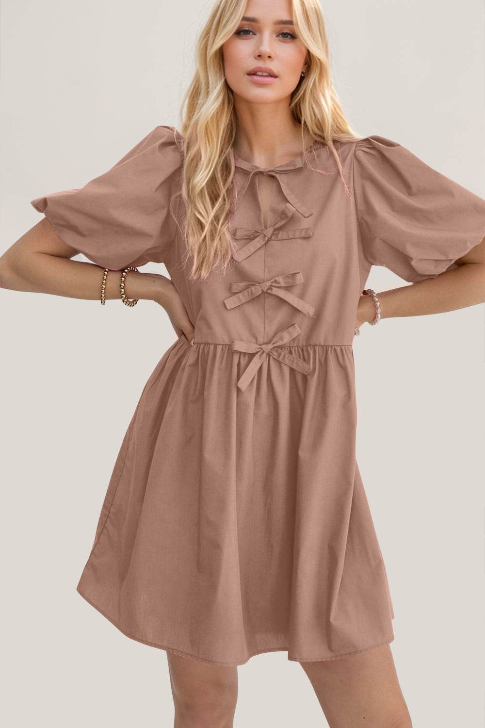 Oh Bow Ruched Puff Sleeve Mini Dress - Hovatok