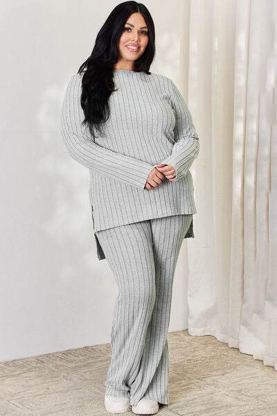 Basic Bae Full Size Ribbed High-Low Top and Wide Leg Pants Set - Hovatok