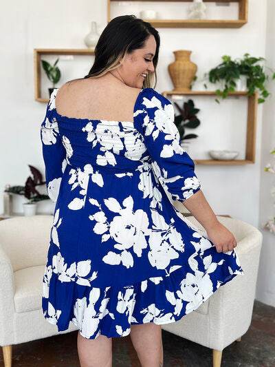 Double Take Full Size Floral Ruffle Hem Smocked Dress with Pockets - Hovatok