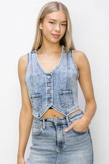 RISEN Button Down Crop Denim Vest - Hovatok