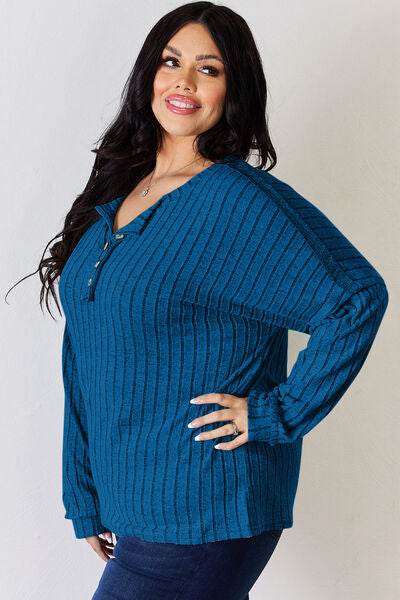 Basic Bae Full Size Ribbed Half Button Long Sleeve T-Shirt - Hovatok