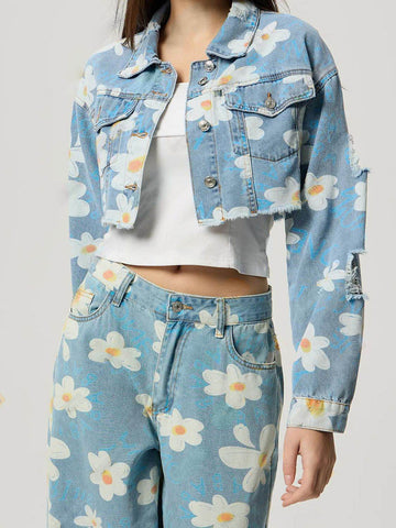 Distressed Raw Hem Floral Collared Neck Denim Top - Hovatok