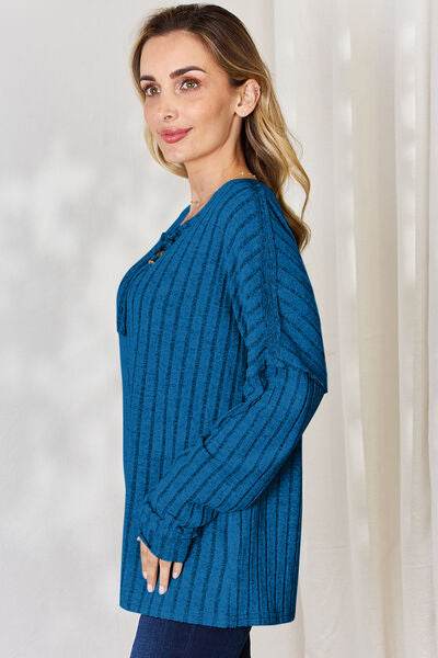 Basic Bae Full Size Ribbed Half Button Long Sleeve T-Shirt - Hovatok