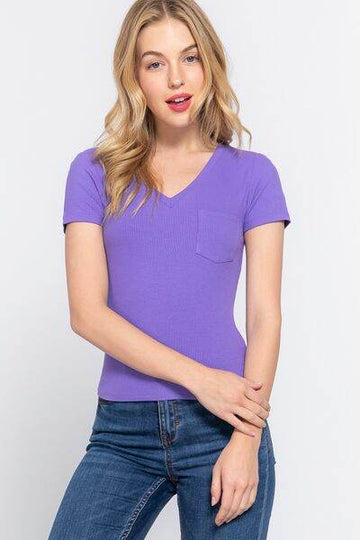 ACTIVE BASIC V-Neck Ribbed Short Sleeve Knit T-Shirt - Hovatok