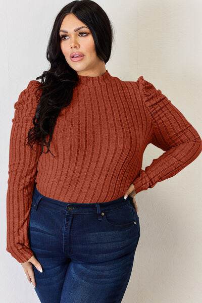Basic Bae Full Size Ribbed Mock Neck Puff Sleeve T-Shirt - Hovatok