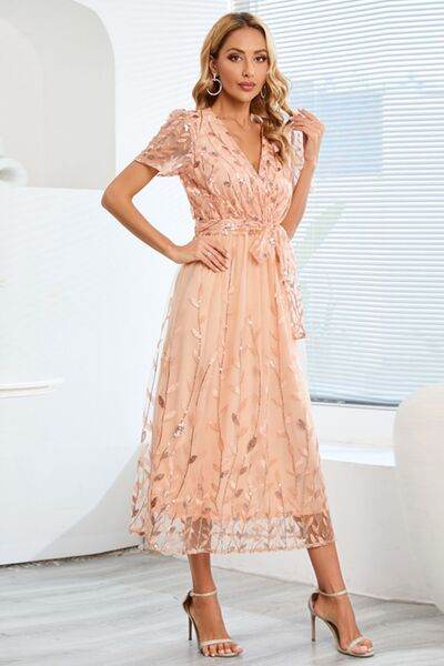 Sequin Leaf Embroidery Tie Front Short Sleeve Dress - Hovatok