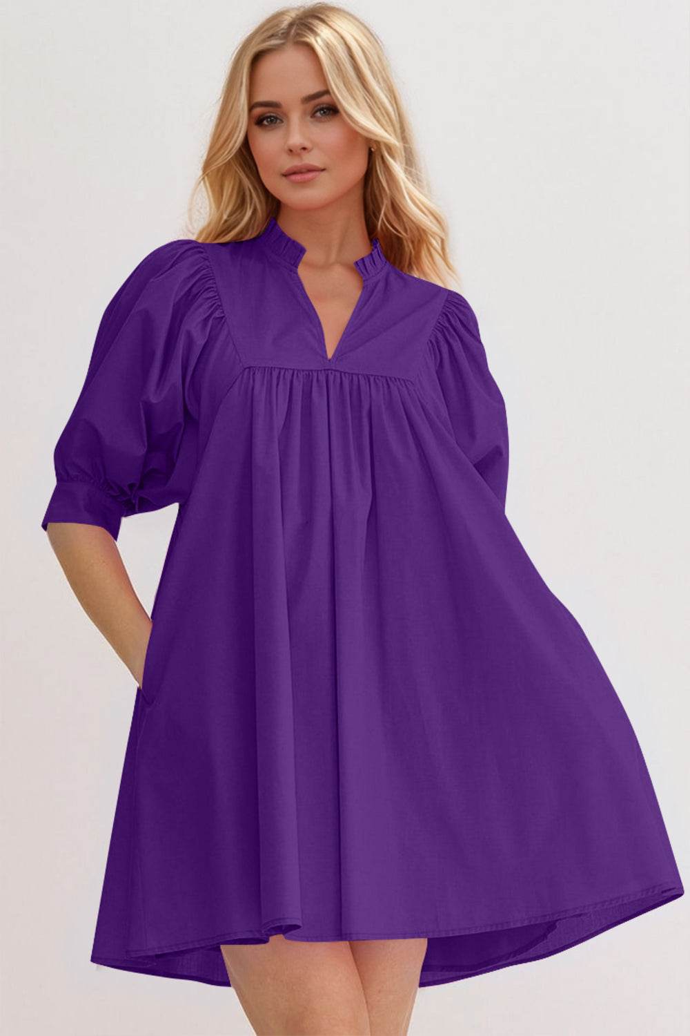 Oh Frill Notched Puff Sleeve Babydoll Mini Dress - Hovatok