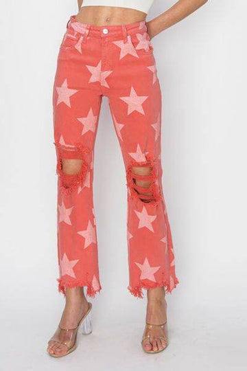 RISEN Full Size Distressed Raw Hem Star Pattern Jeans - Hovatok