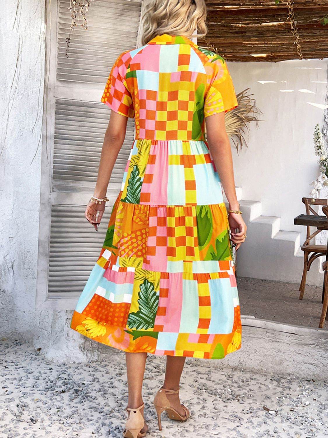 Devine Printed Johnny Collar Button Down Short Sleeve Midi Shirt Dress - Hovatok