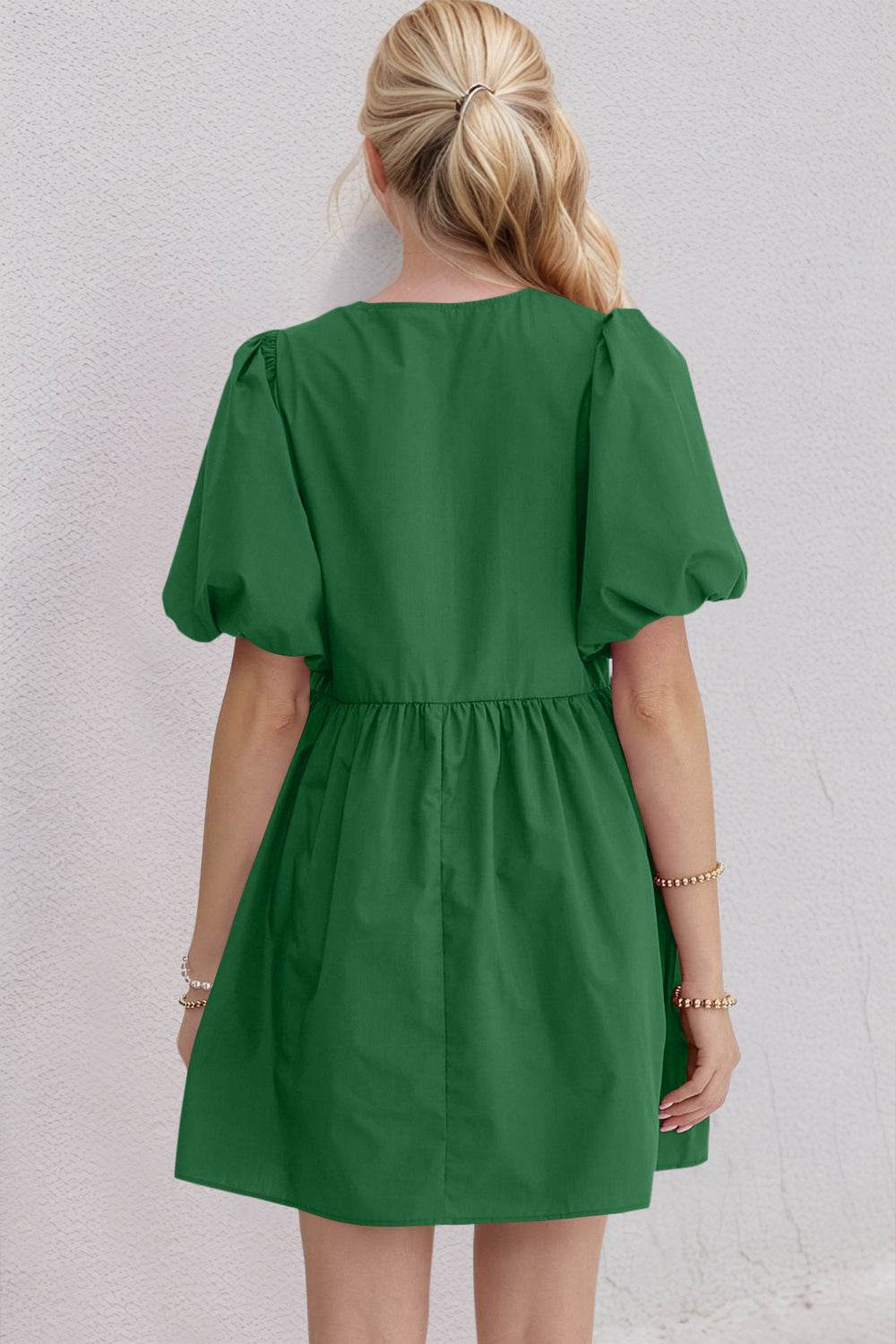 Oh Bow Ruched Puff Sleeve Mini Dress - Hovatok
