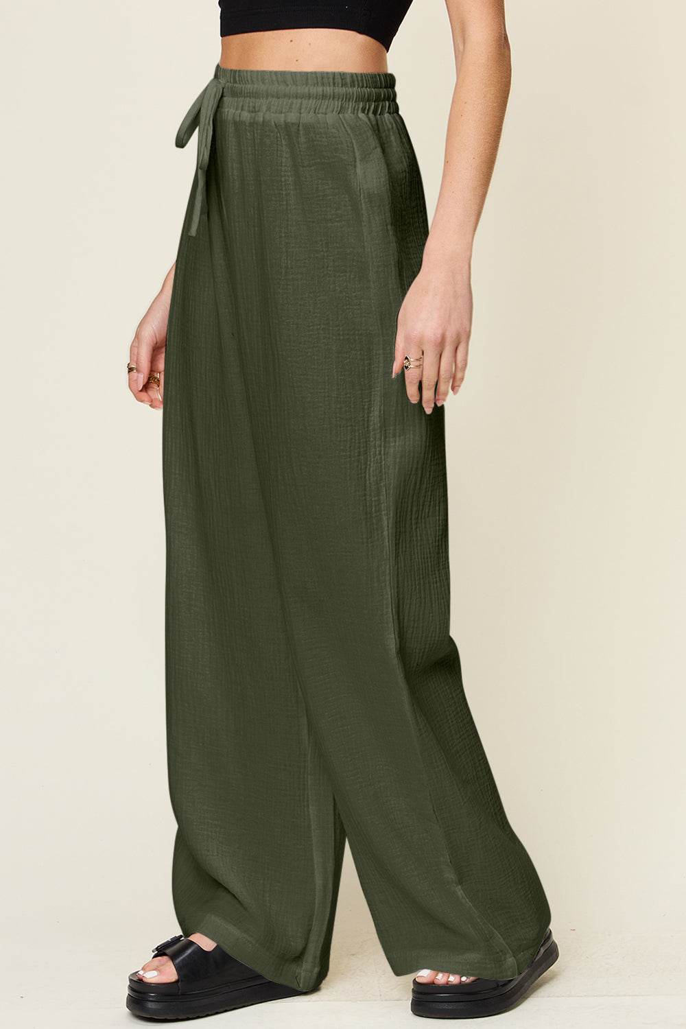 Double Take Full Size Texture Drawstring Wide Leg Pants - Hovatok