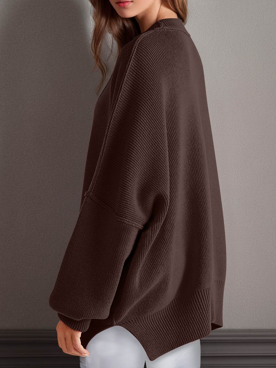 Double Take Side Slit Round Neck Long Sleeve Sweater - Hovatok