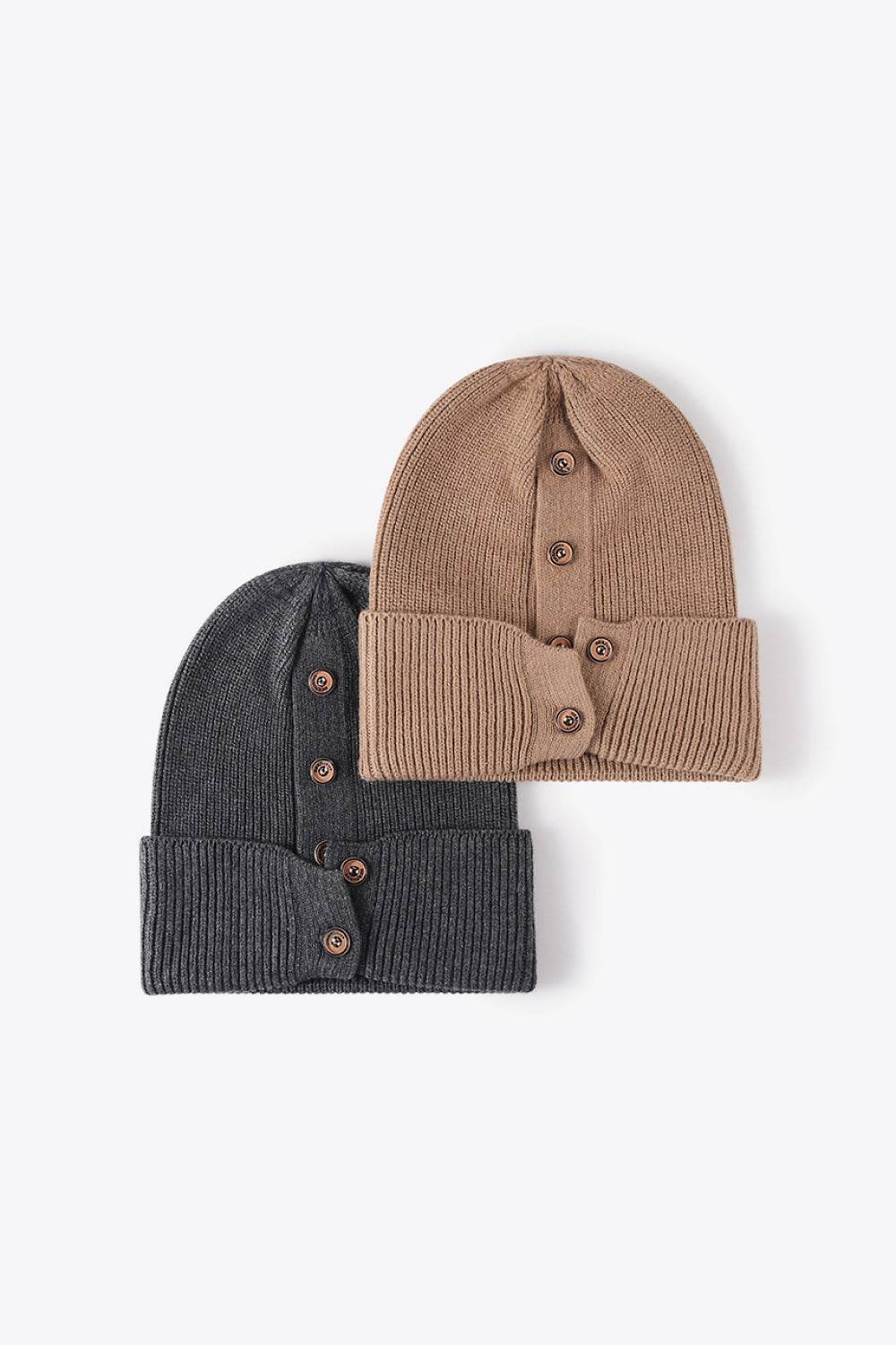 Button Detail Rib-Knit Cuff Beanie - Hovatok