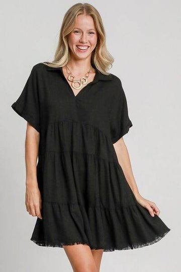 Umgee Full Size Raw Hem Folded Sleeve Tiered Dress Plus Size - Hovatok