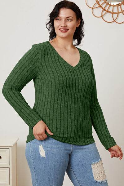Basic Bae Full Size Ribbed V-Neck Long Sleeve T-Shirt - Hovatok