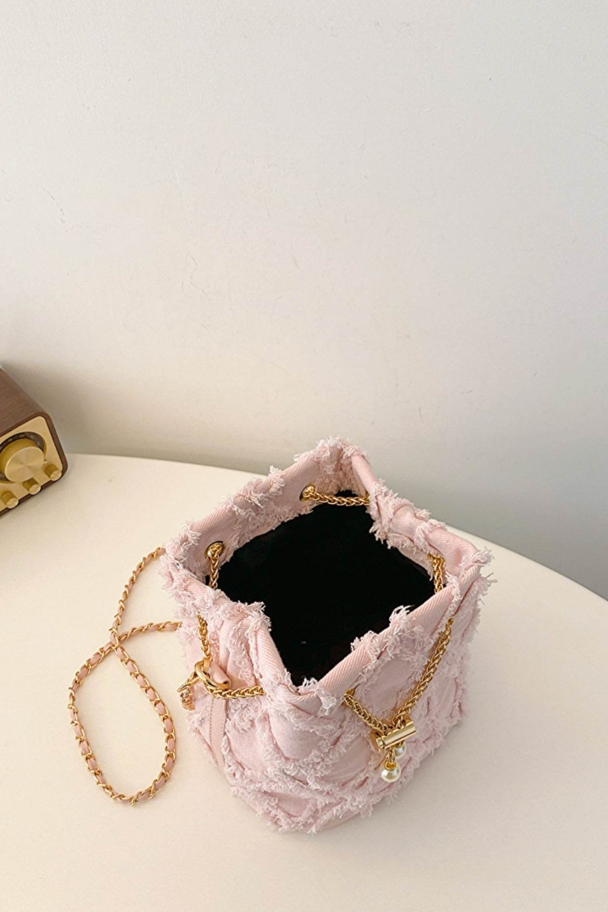 Chain Drawstring Raw Edge Denim Bucket Bag - Hovatok