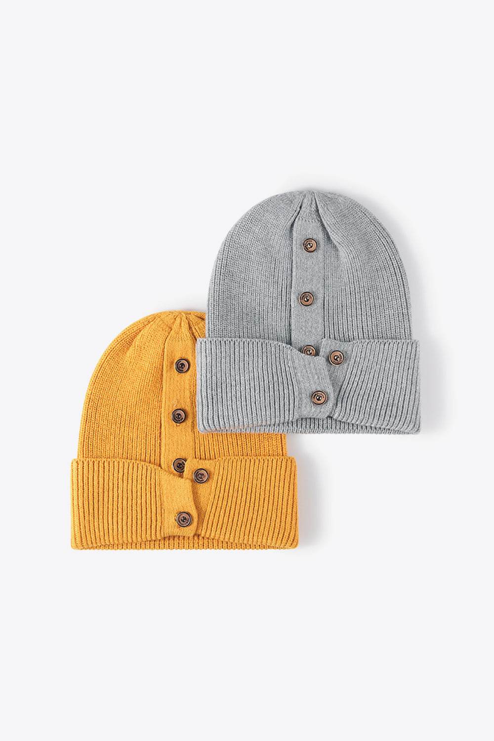 Button Detail Rib-Knit Cuff Beanie - Hovatok