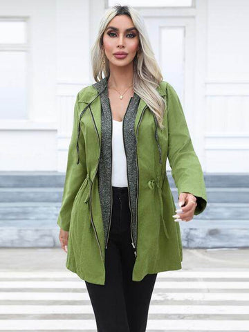 Zip Up Drawstring Hooded Trench Coat - Hovatok