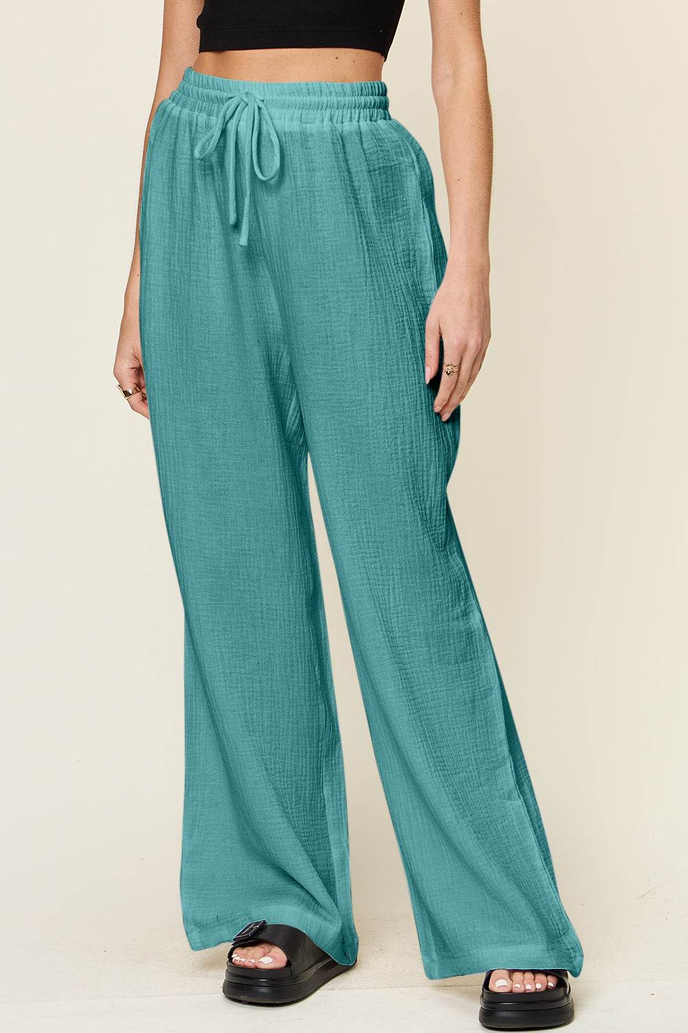 Double Take Full Size Texture Drawstring Wide Leg Pants - Hovatok