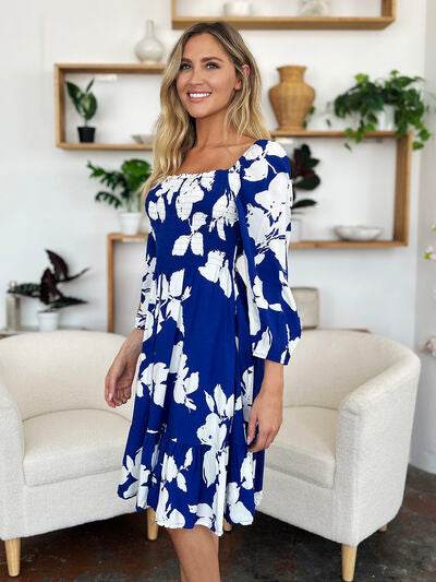 Double Take Full Size Floral Ruffle Hem Smocked Dress with Pockets - Hovatok