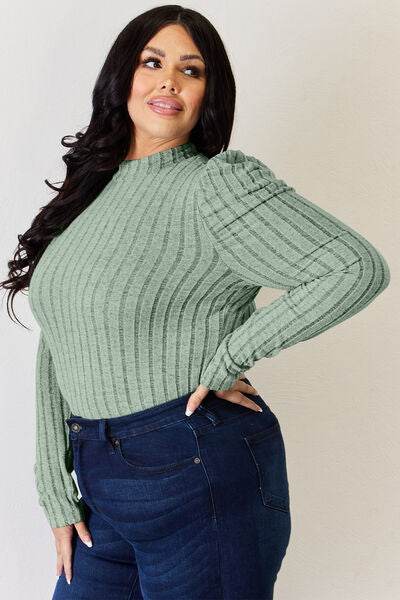 Basic Bae Full Size Ribbed Mock Neck Puff Sleeve T-Shirt - Hovatok