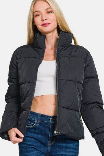 Zenana Zip Up Turtleneck Puffer Jacket with Pockets - Hovatok