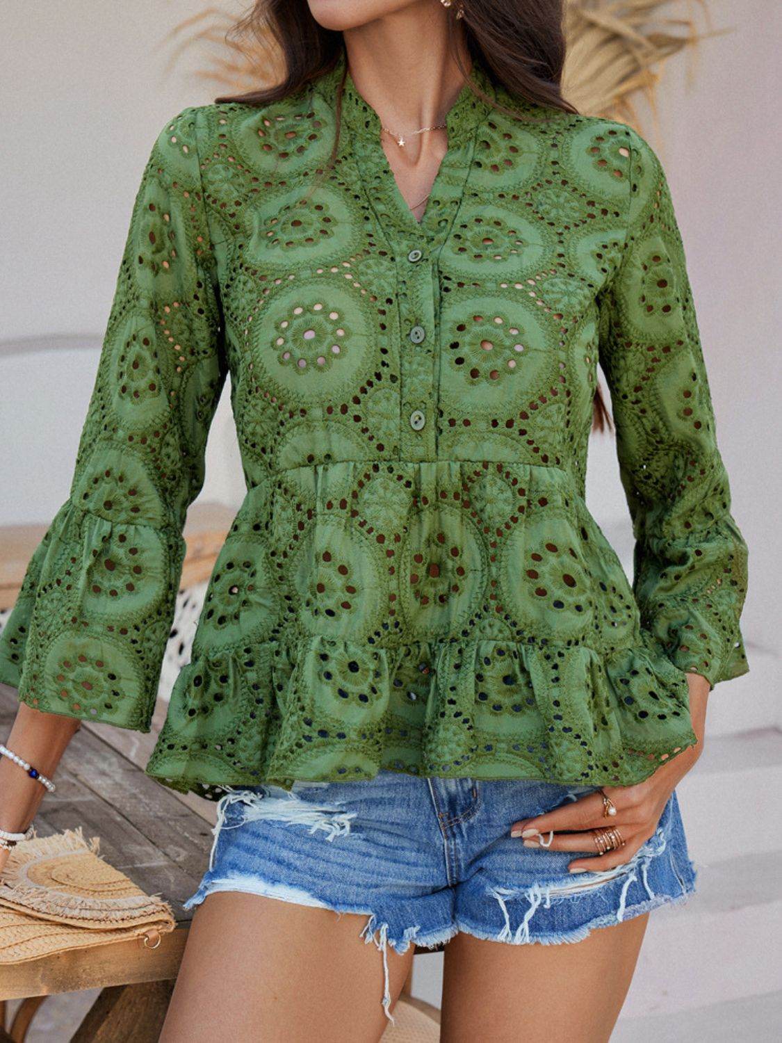 Devine Half Button Flounce Sleeve Peplum Blouse - Hovatok