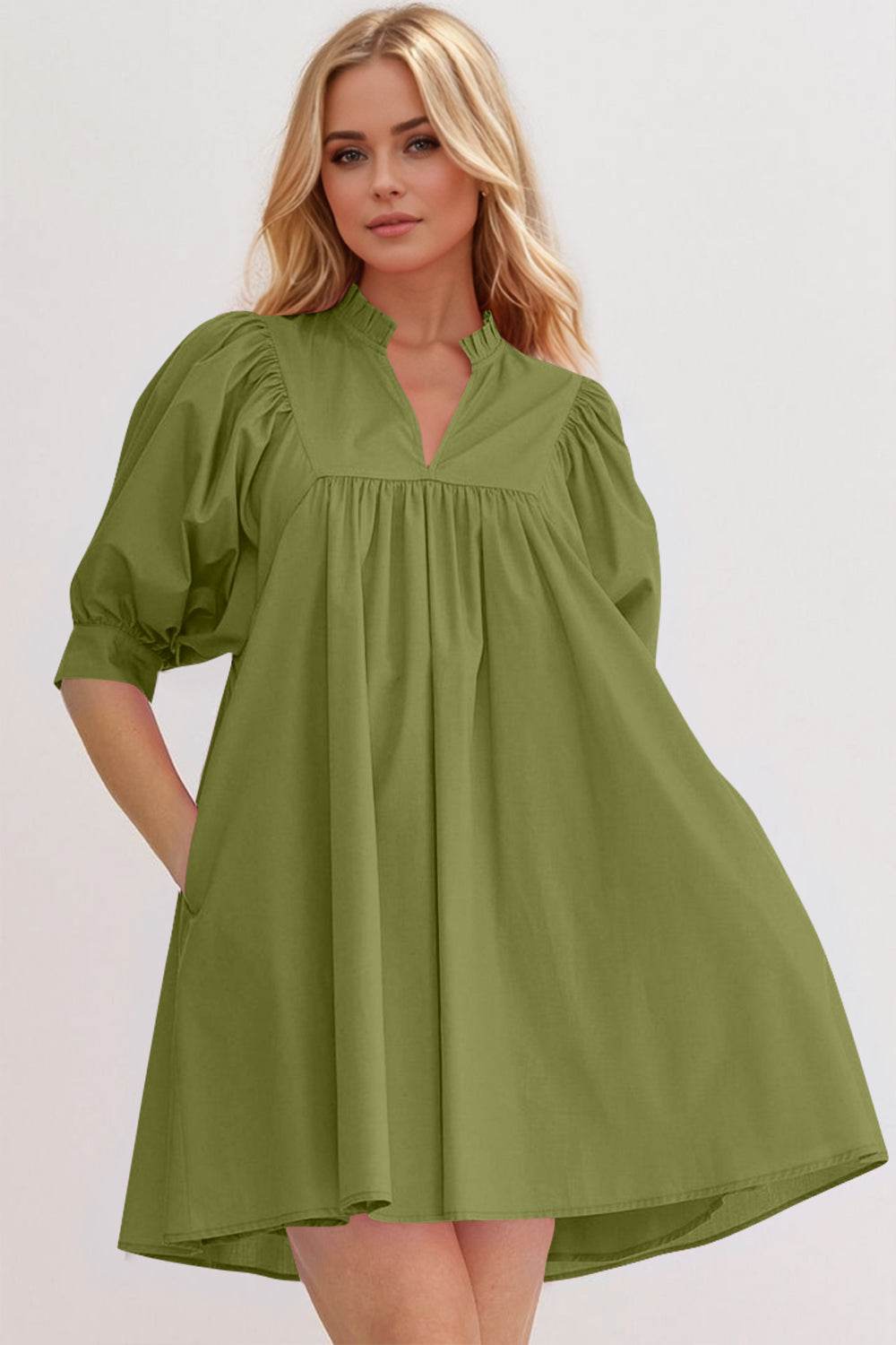 Oh Frill Notched Puff Sleeve Babydoll Mini Dress - Hovatok