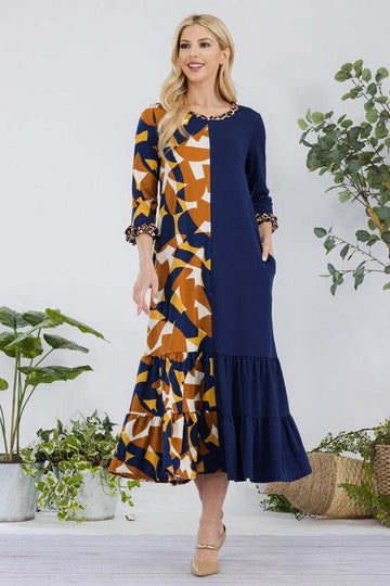 Celeste Full Size Color Block Midi Dress Plus Size - Hovatok