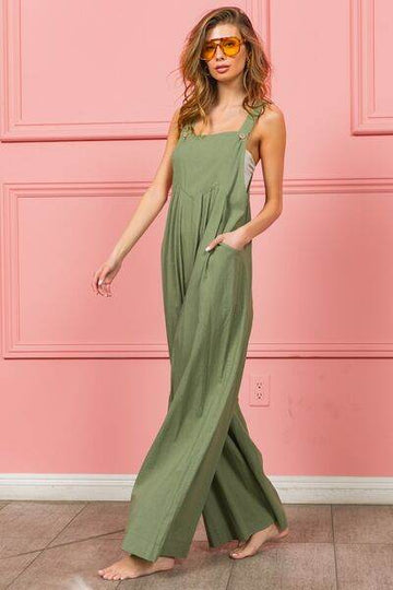 BiBi Ruched Wide Leg Overalls with Pockets - Hovatok