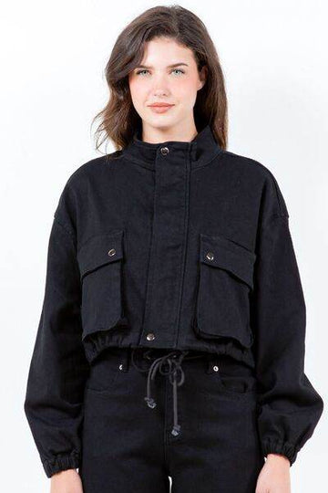 American Bazi Full Size Drawstring Hem Cargo Pocket Cropped Worker Jacket Plus Size - Hovatok