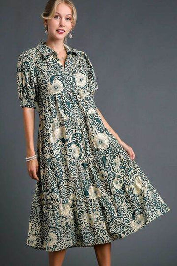 Umgee Full Size Printed Smocked Cuff Puff Sleeve Midi Dress Plus Size - Hovatok