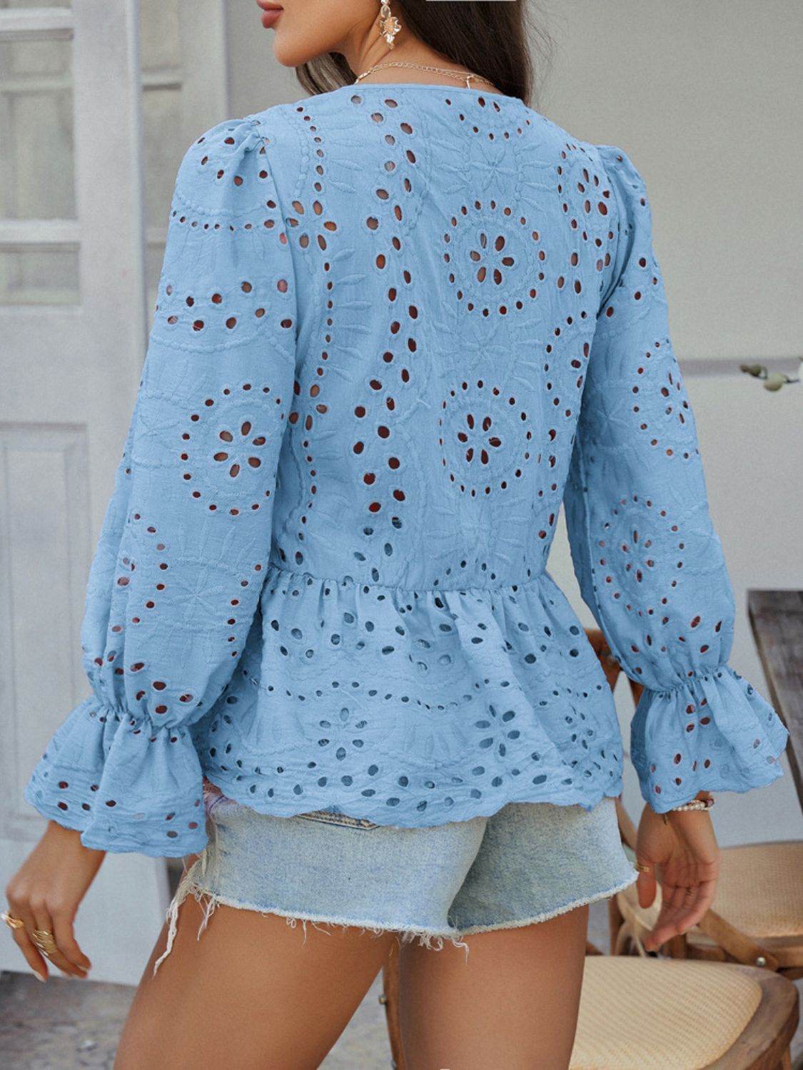 Devine Tie Front Flounce Sleeve Peplum Blouse - Hovatok