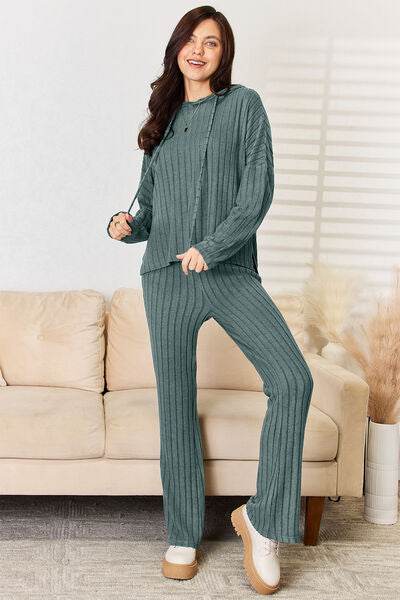 Basic Bae Full Size Ribbed Drawstring Hooded Top and Straight Pants Set - Hovatok
