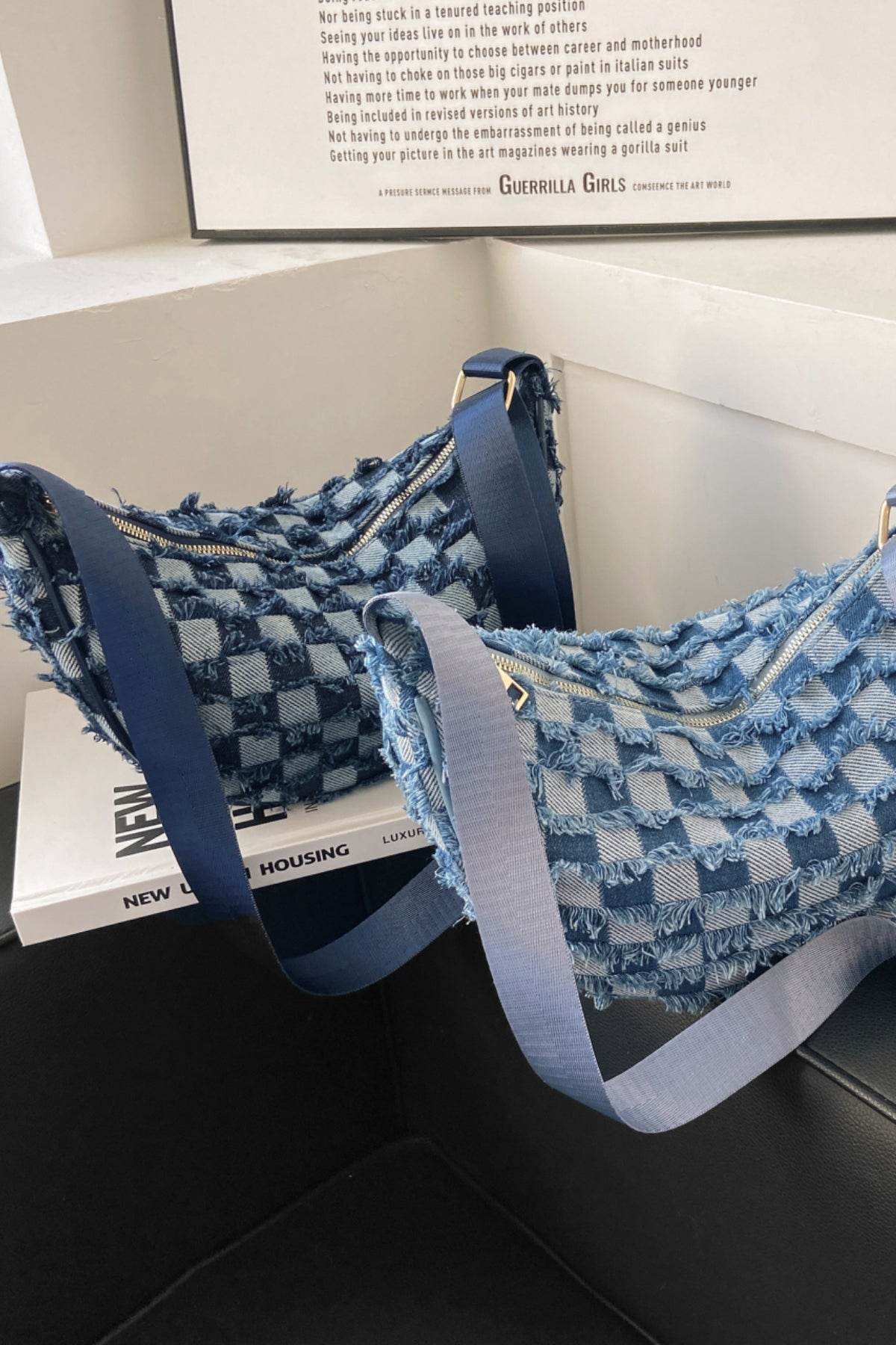 Raw Hem Checkered Denim Crossbody Bag - Hovatok