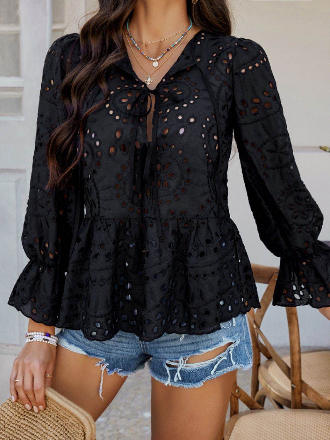 Devine Tie Front Flounce Sleeve Peplum Blouse - Hovatok